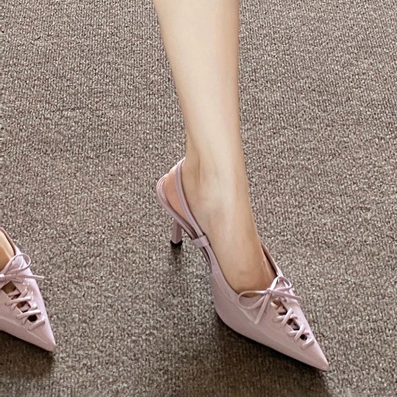Sandal Strappy Heeled - European-style Pointed-toe, Slim Heel, Bow Tie,