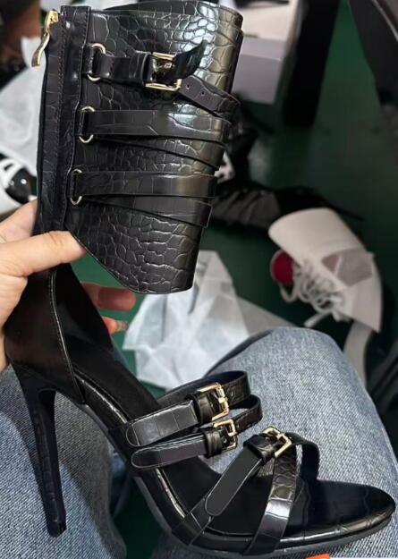 Sexy Black Leather Open Toe Cr - Sandal Strappy Heeled 评论和价格